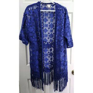 Chico’s Royal Blue Embroidered Fringe open front Cardigan Sz 2 Large